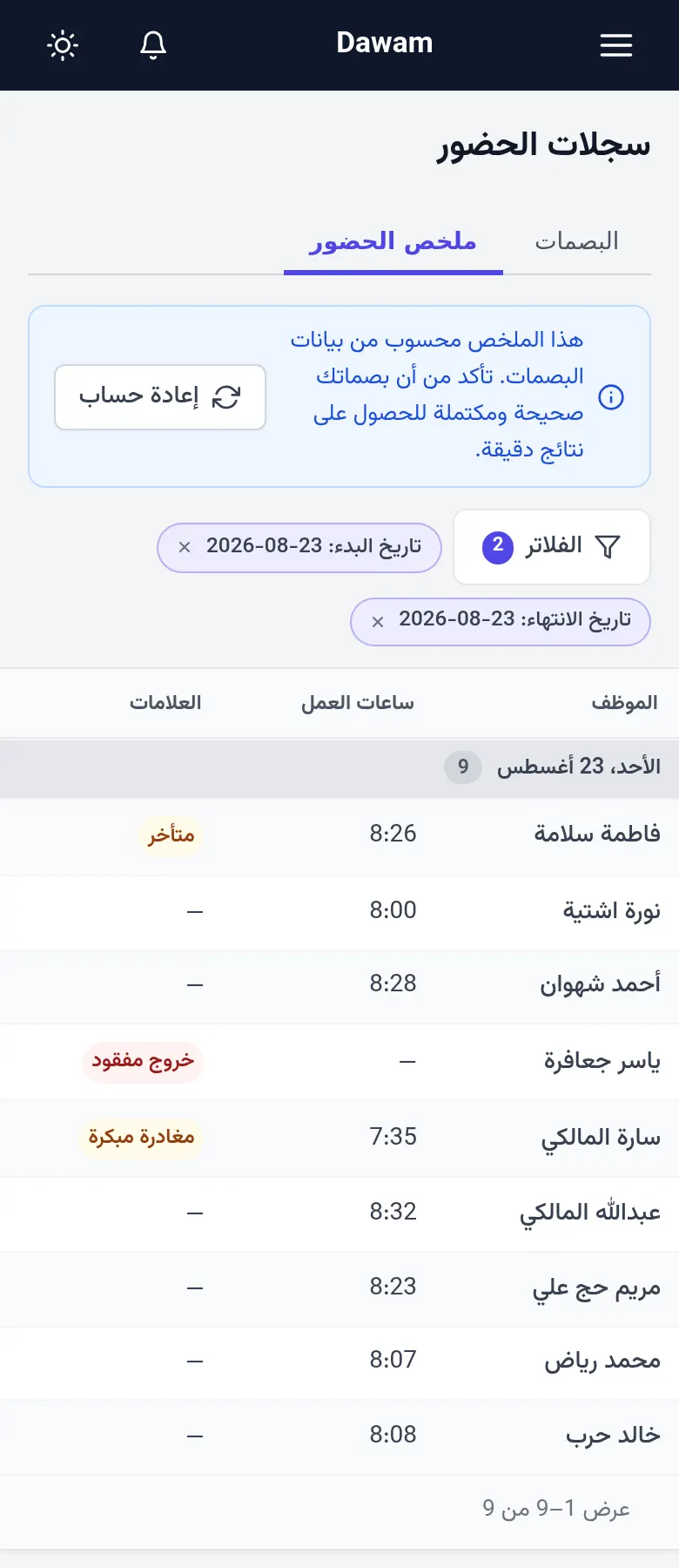 جدول الحضور اليومي مع تنبيهات التأخير والبصمة الناقصة